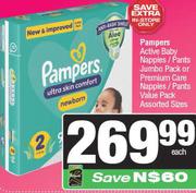Pampers Active Baby Nappies/Pants Jumbo Pack Or Premium Care Nappies/Pants Value Pack-Per Pack