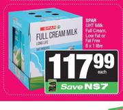 Spar UHT Milk (Full Cream, Low Fat Or Fat Free) 6 x 1Ltr-Each