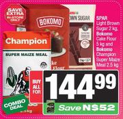 Spar Light Brown Sugar 2kg, Bokomo Cake Flour 5kg And Bokomo Champion Super Maize Meal 2.5kg-For All