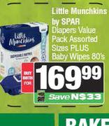 Little Munchkins By Spar Diapers Value Pack (Assorted Sizes) Plus Baby Wipes 80's Pack-For Both