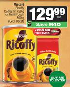 Nescafe Ricoffy Coffee Tin 750g Or Refill Pouch 800g-Each