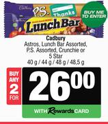 Cadbury Astros, Lunch Bar Assorted, P.S. Assorted, Crunchie Or 5 Star-For Any 2 x 40g/44g/48g/48.5g