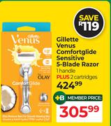 Gillette Venus Comfortglide Sensitive 5-Blade Razor (1 Handle Plus 2 Cartridges)