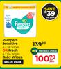 Pampers Sensitive (4 x 56 Wipes) Or Fresh (4 x 64 Wipes) Baby Wipes-Per Pack 