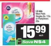 Lil-Lets Maxi Pads Singless 8s/10s Or Pantyliners 20s Pack-Each