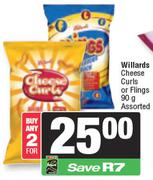 Willards Cheese Curls Or Flings Assorted-For 2 x 90g