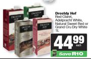 Drostdy Hof Red Claret, Adelpracht White, Natural Sweet Red Or Grand Cru Dry White-1Ltr Each