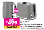 Eiger 1.7Ltr Textura Plastic Kettle Or 2-Slice Plastic Toaster-Each 