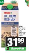 Spar Full Cream Or Low Fat Ultra Pasteurised Fresh Milk-2L
