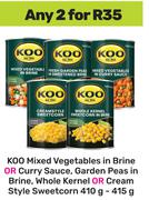 Koo Mixed Vegetables In Brine Or Curry Sauce,Garden Peas In Brine Or Cream Sweetcorn-2 x 410g-415g