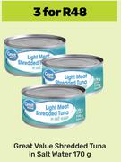Great Value Shredded Tuna In Salt Water-For 3 x 170g