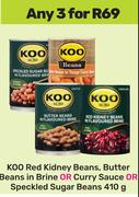 Koo Red Kidney Beans,Butter Beans In Brine Or Curry Sauce Or Speckled Sugar Beans-For 3 x 410g