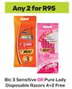 Bic 3 Sensitive Or Pure Lady Disposable Razors 4+2 Free-For 2