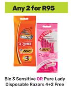 Bic 3 Sensitive Or Pure Lady Disposable Razors 4+2 Free-For 2