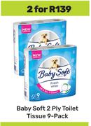 Baby Soft 2 Ply Toilet Tissue 9 Pack-For 2