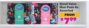 Great Value Maxi Pads Assorted (Priced From)-8s