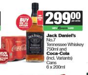 Jack Daniel's No.7 Tennessee Whisky 750ml & Coca Cola Cans 6 x 200ml