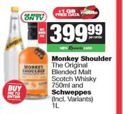 Monkey Shoulder The Original Blended Malt Scotch Whisky 750ml & Schweppes 1L