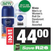 Nivea Men's Or Women's Roll On Deodorant Assorted-For 2 x 50ml