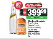 Monkey Shoulder The Original Blended Malt Scotch Whisky 750ml & Schweppes 1L-For Both