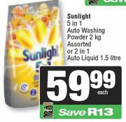 Sunlight 5 In 1 Auto Washing Powder 2kg Or 2 In 1 Auto Liquid 1.5Ltr-Each