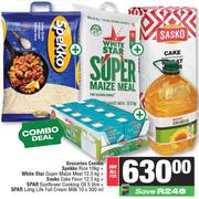 Speko Rice 10kg+WhiteStar Maize Meal 12.5kg+Sasko Flour 12.5kg+Spar Sunflower Oil 5L & Milk 10x500ml