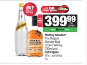 Monkey Shoulder The Original Blended Malt Scotch Whisky 750ml & Schweppes 1L-For Both