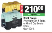 Black Crown Premium Gin & Tonic Or Gin & Dry Lemon Cans-For 2 x 6 x 440ml