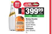 Monkey Shoulder The Original Blended Malt Scotch Whisky 750ml & Schweppes 1L-For Both