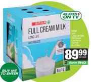 Spar UHT Long Life Milk, Full Cream, Low Fat Or Fat Free-6 x 1Ltr 