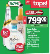 Don Julio Blanco Tequila 750ml & Luckybird Cocktail Mixer 750ml & Schweppes 1L-For Both