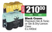 Black Crown Premium Gin & Tonic Or Gin & Dry Lemon Cans-For 2 x 6 x 440ml