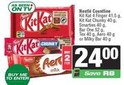 Nestle Countline Kitkat 4F 41.5g,Chunky 40g,Smarties 40g,Barone 52g,Tex 40g,Aero 40g-For 2