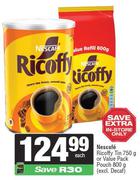 Nescafe Ricoffy Tin 750g Or Value Pack Pouch 800g (Excl Decaf)-Each