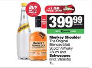 Monkey Shoulder The Original Blended Malt Scotch Whisky 750ml & Schweppes 1L-For Both