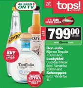 0Don Julio Blanco Tequila 750ml & Luckybird Cocktail Mixer 750ml & Schweppes 1L-For Both