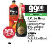 J.C.Le Roux Premium Sparkling Wine 750ml & Cappy 100% Fruit Juice Blend 1.5L-For Both
