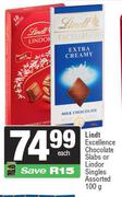Lindt Excellence Chocolate Slabs Or Lindor Singles Assorted-100g
