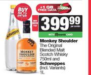 Monkey Shoulder The Original Blended Malt Scotch Whisky 750ml & Schweppes 1L-For Both