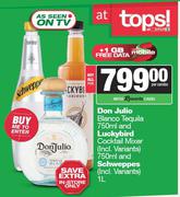 Don Julio Blanco Tequila 750ml & Luckybird Cocktail Mixer 750ml & Schweppes 1L-For Both