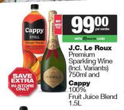 J.C.Le Roux Premium Sparkling Wine 750ml & Cappy 100% Fruit Juice Blend 1.5L