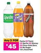 Fanta Or Twist Or Sprite Or Stoney Or Coca Cola Zero Or No Sugar Assorted-For 3 x 1.5L