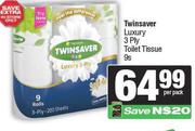 Twinsaver Luxury 3 Ply Toilet Tissue-9 Per Pack