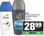 Dove Anti-Perspirant Roll-On For Male Or Female Assorted-50ml Each