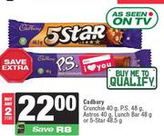 Cadbury Crunchie 40g,P.S 48g,Astros 40g,Lunch Bar 48g Or 5 Star 48.5g-For 2