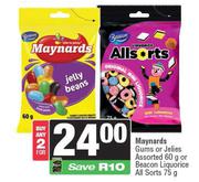 Maynards Gums Or Jellies 60g Or Beacon Liquorice All Sorts 75g-For 2