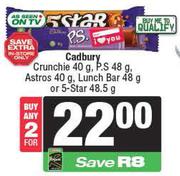 Cadbury Crunchie 40g, PS 48g, Astros 40g, Lunch Bar 48g Or 5 Star 48.5g-For Any 2