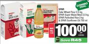 Spar Cake Wheat Flour 2.5Kg, SuperMaize Meal 2.5Kg, Parboiled Rice 2Kg & Sunflower Oil 750ml-For All