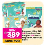 Pampers Ultra Skin Or Premium Care Nppies Or Pants Mega Box Assorted Sizes-Each