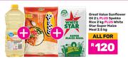 Great Value Sunflower Oil 2L+Spekko Rice 2Kg+White Star Super Maize Meal 2.5Kg-For All
